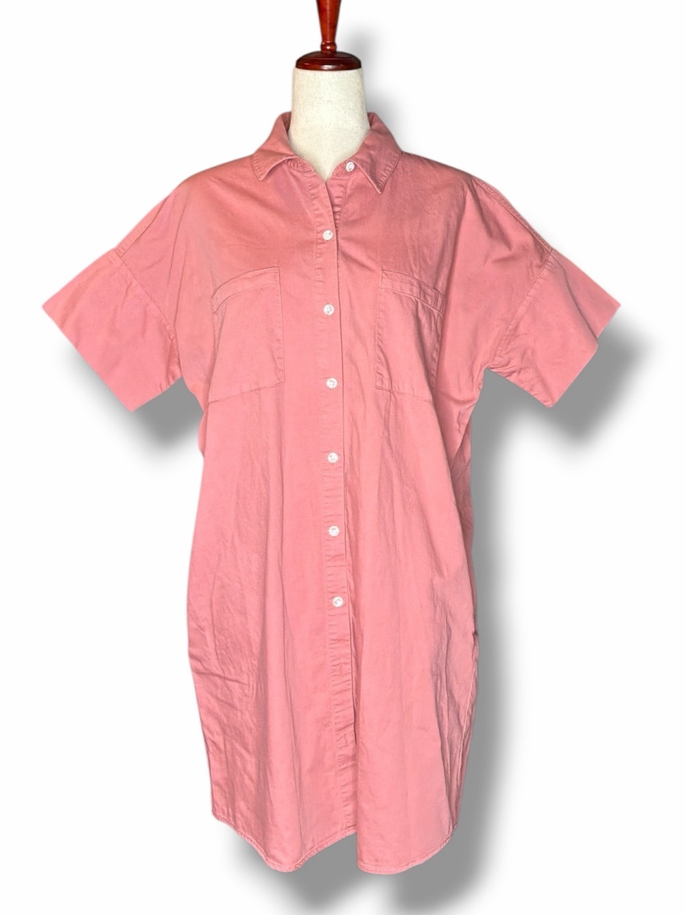 Oat New York Salmon Coral Denim Button Up Short Sleeve Shirt Mini Dress Size Med